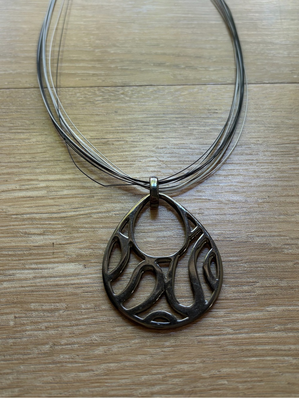 Y2K Silver Multi-Strand Necklace with Bronze Teardrop Pendant